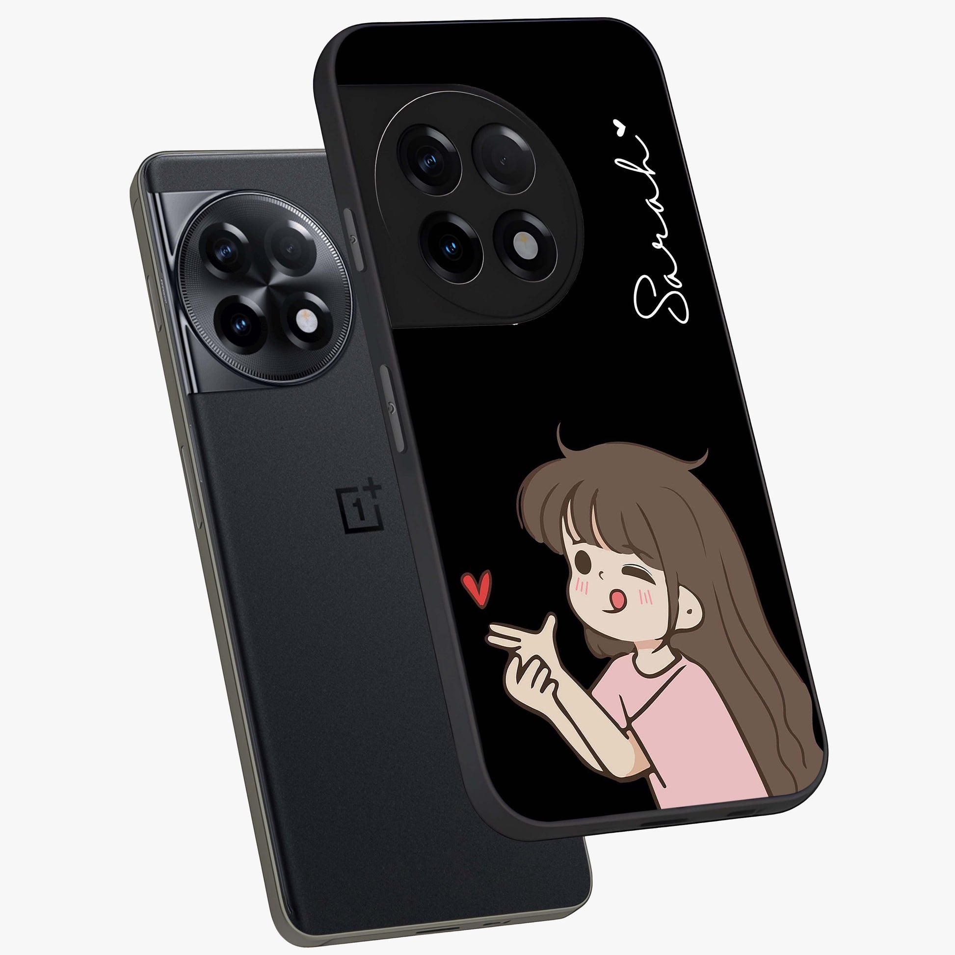 Cute Girl Firing Heart Glass Case for 1+11R angled mockup showcasing glossy finish and lively character detailing