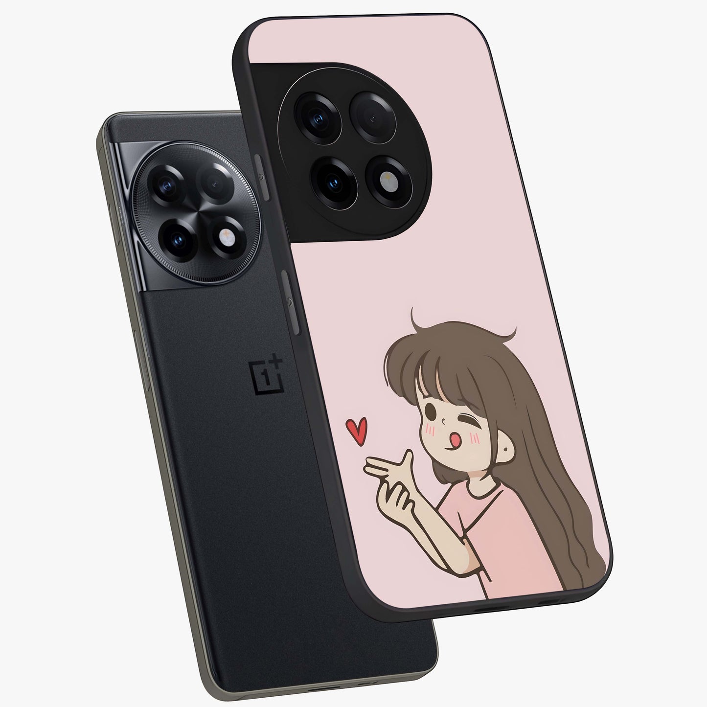 Cute Kiss Heart Glass Case for 1+11R angled mockup showcasing glossy finish and soft pastel tones