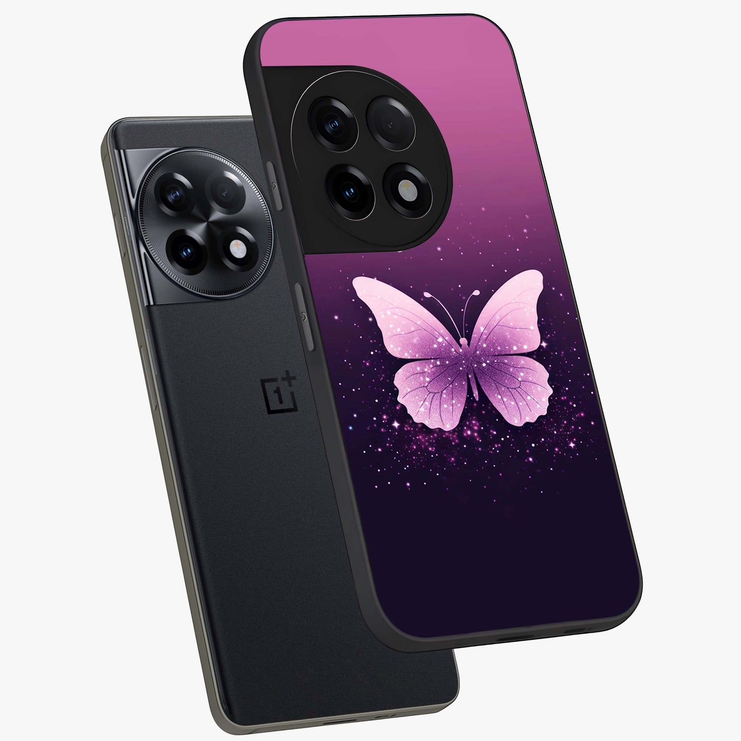 Cute Starry Butterfly Glass Case for 1+11R angled mockup showcasing glossy finish and celestial pastel tones