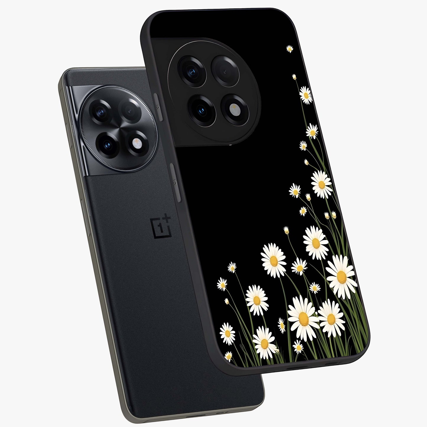 Daisy Cascade on Black Glass Case for 1+11R angled mockup showcasing glossy finish and bold floral contrast
