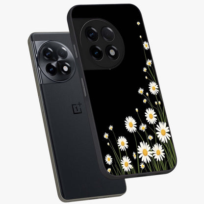 Daisy Cascade on Black Glass Case for 1+11R angled mockup showcasing glossy finish and bold floral contrast