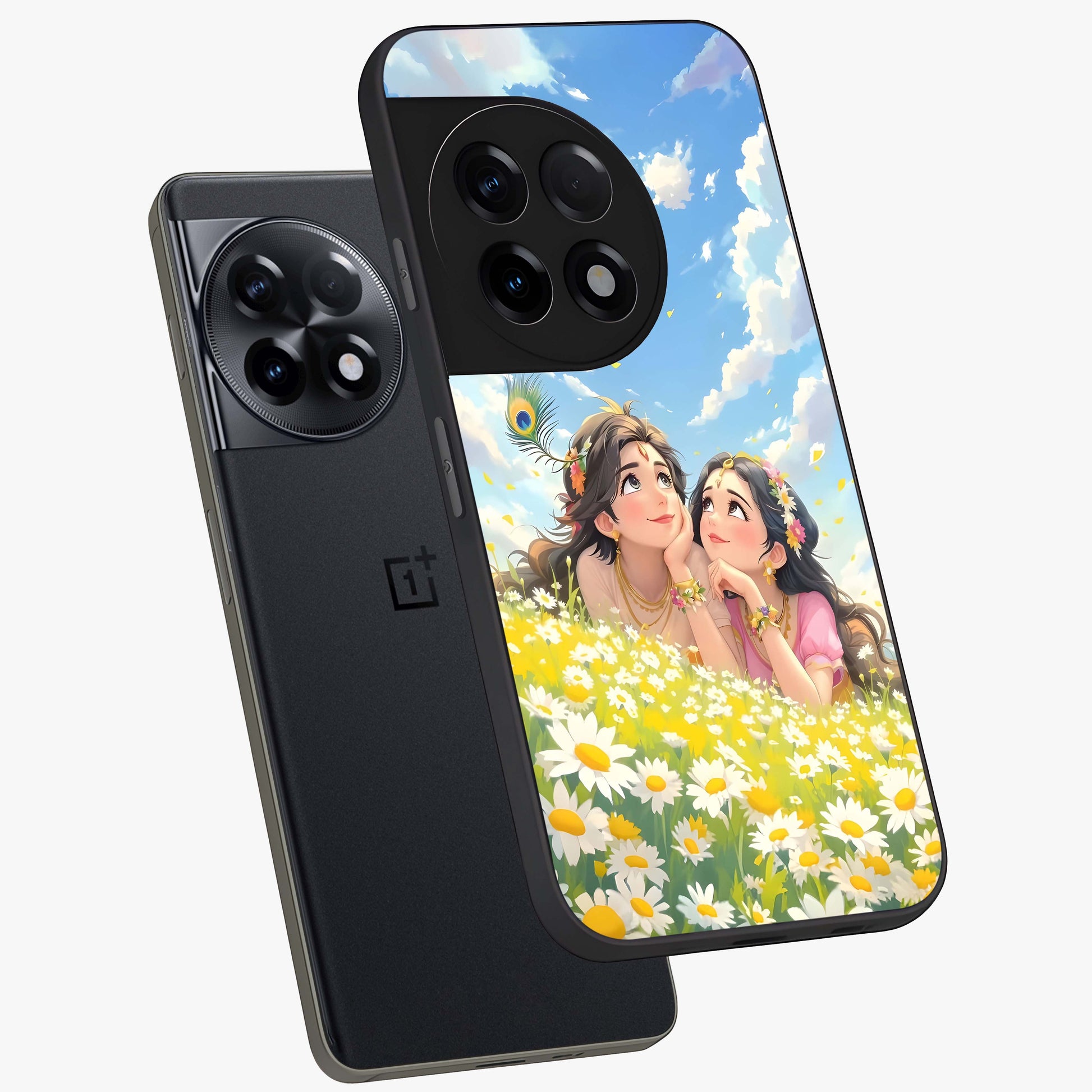 Daisy Daydream Love Glass Case for 1+11R angled mockup showcasing glossy finish and pastel bloom tones