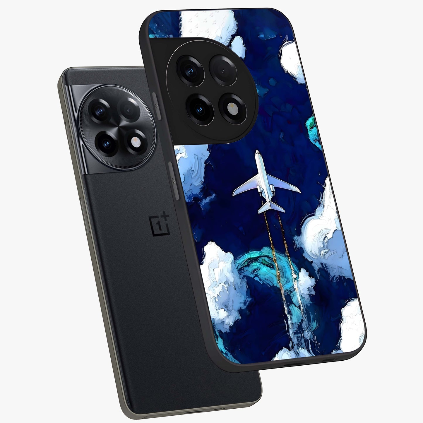 Dark Airplane Glass Case for 1+11R angled mockup showcasing glossy finish and dramatic sky tones