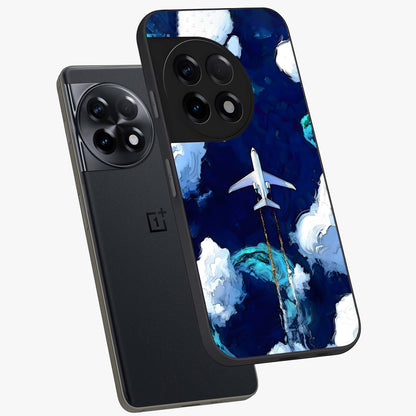 Dark Airplane Glass Case for 1+11R angled mockup showcasing glossy finish and dramatic sky tones