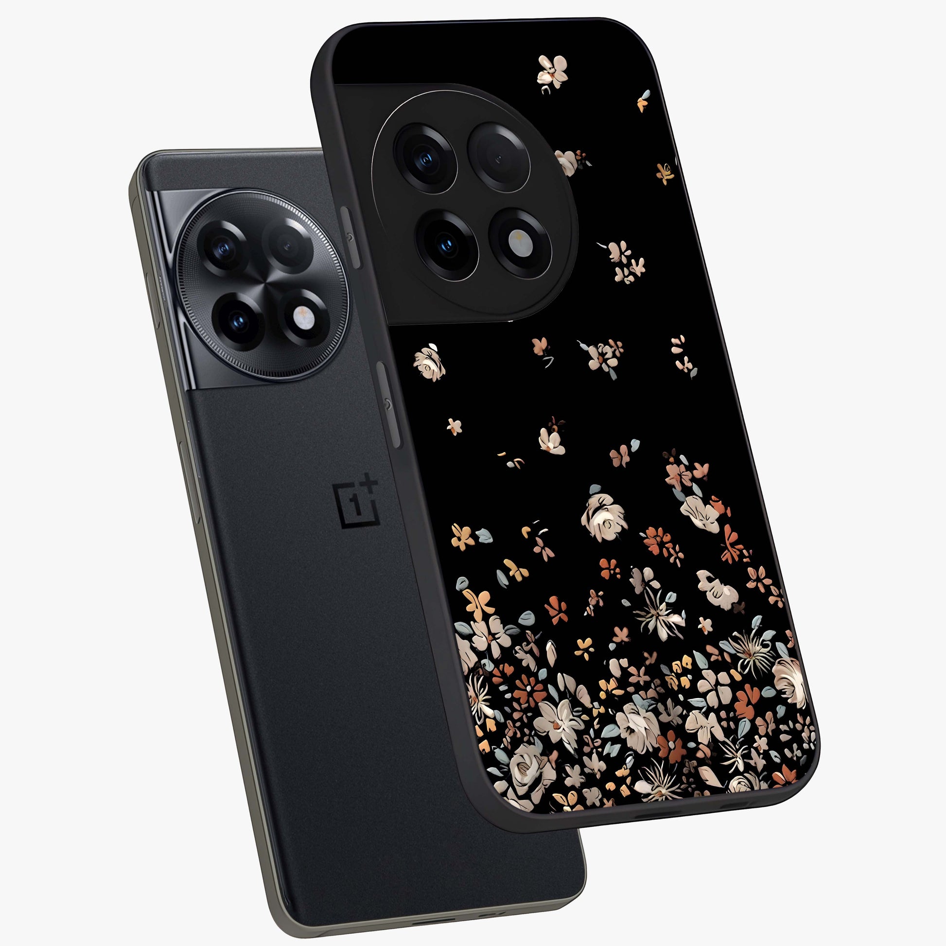 Dark Petal Aesthetic Glass Case for 1+11R angled mockup showcasing glossy finish and dramatic petal detailing
