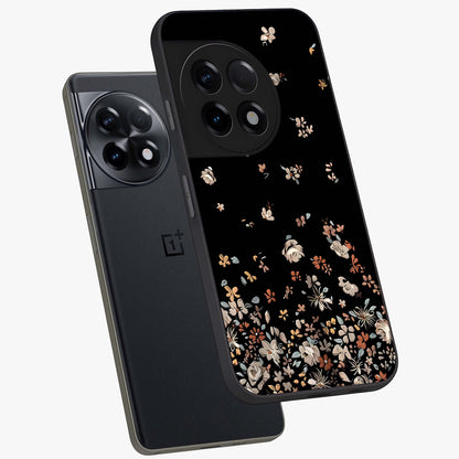 Dark Petal Aesthetic Glass Case for 1+11R angled mockup showcasing glossy finish and dramatic petal detailing