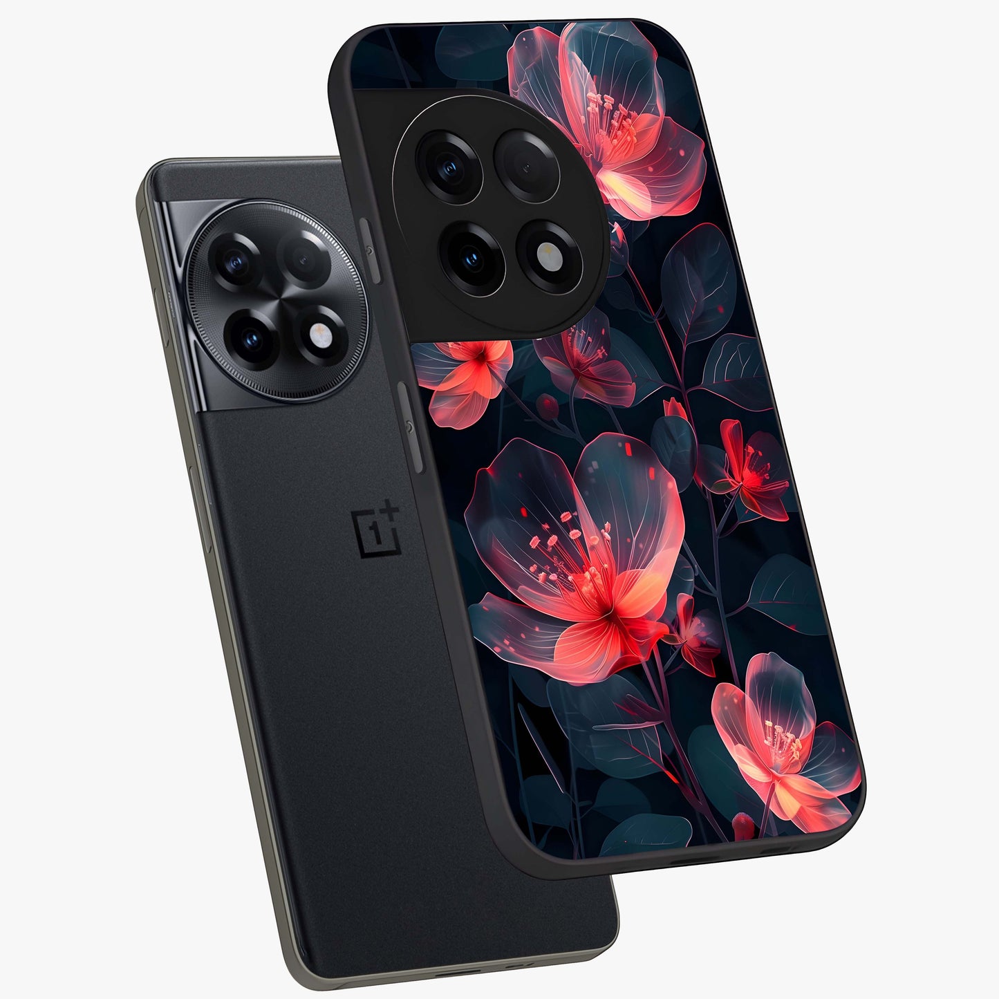 Dark Shade of Flower Glass Case for 1+11R angled mockup showcasing glossy finish and bold contrast detailing