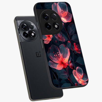 Dark Shade of Flower Glass Case for 1+11R angled mockup showcasing glossy finish and bold contrast detailing