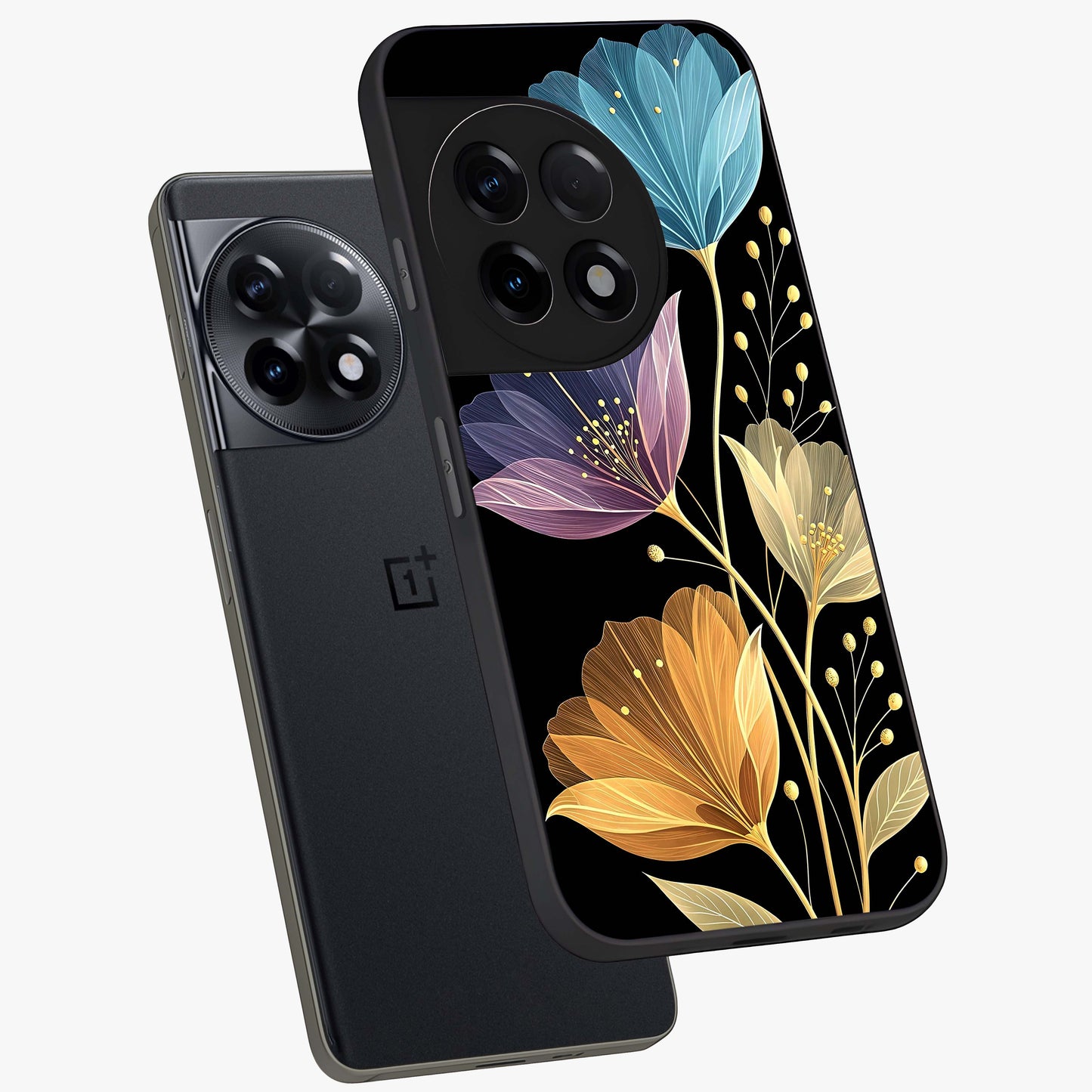 Delicate Multicolor Flowers Glass Case for 1+11R angled mockup showcasing glossy finish and pastel bloom detailing