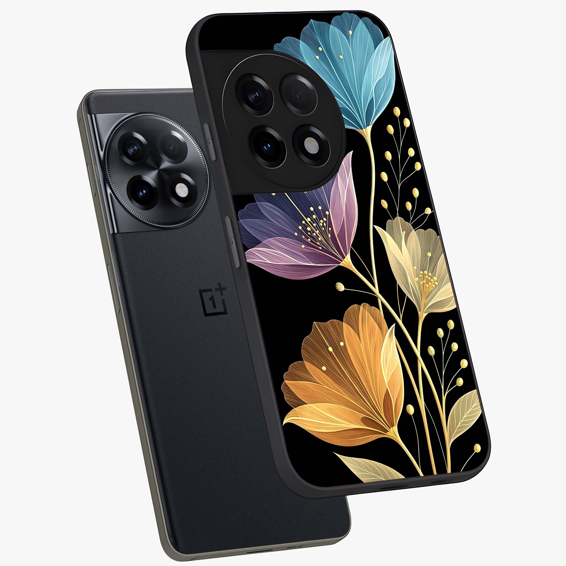Delicate Multicolor Flowers Glass Case for 1+11R angled mockup showcasing glossy finish and pastel bloom detailing