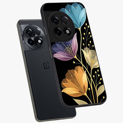 Delicate Multicolor Flowers Glass Case for 1+11R angled mockup showcasing glossy finish and pastel bloom detailing
