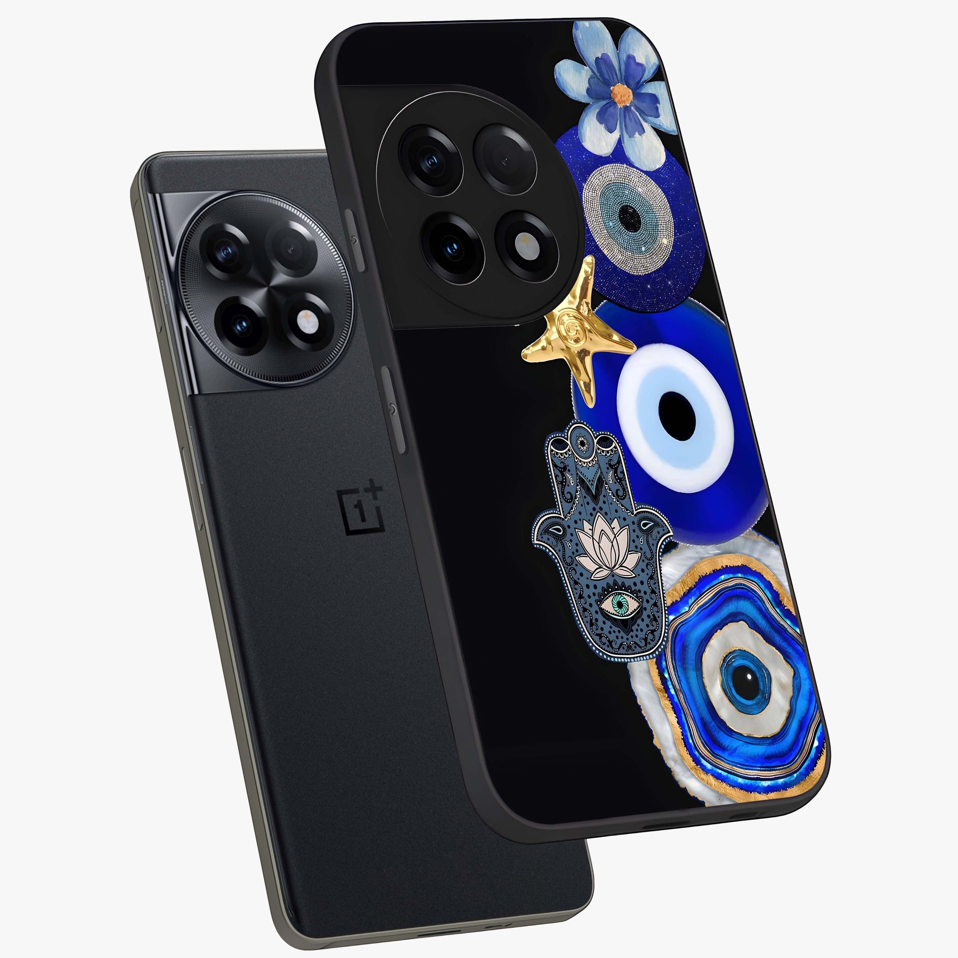 Divine Eye Bloom Glass Case for 1+11R angled mockup showcasing glossy finish and vibrant protective detailing