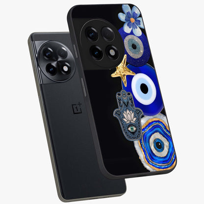 Divine Eye Bloom Glass Case for 1+11R angled mockup showcasing glossy finish and vibrant protective detailing