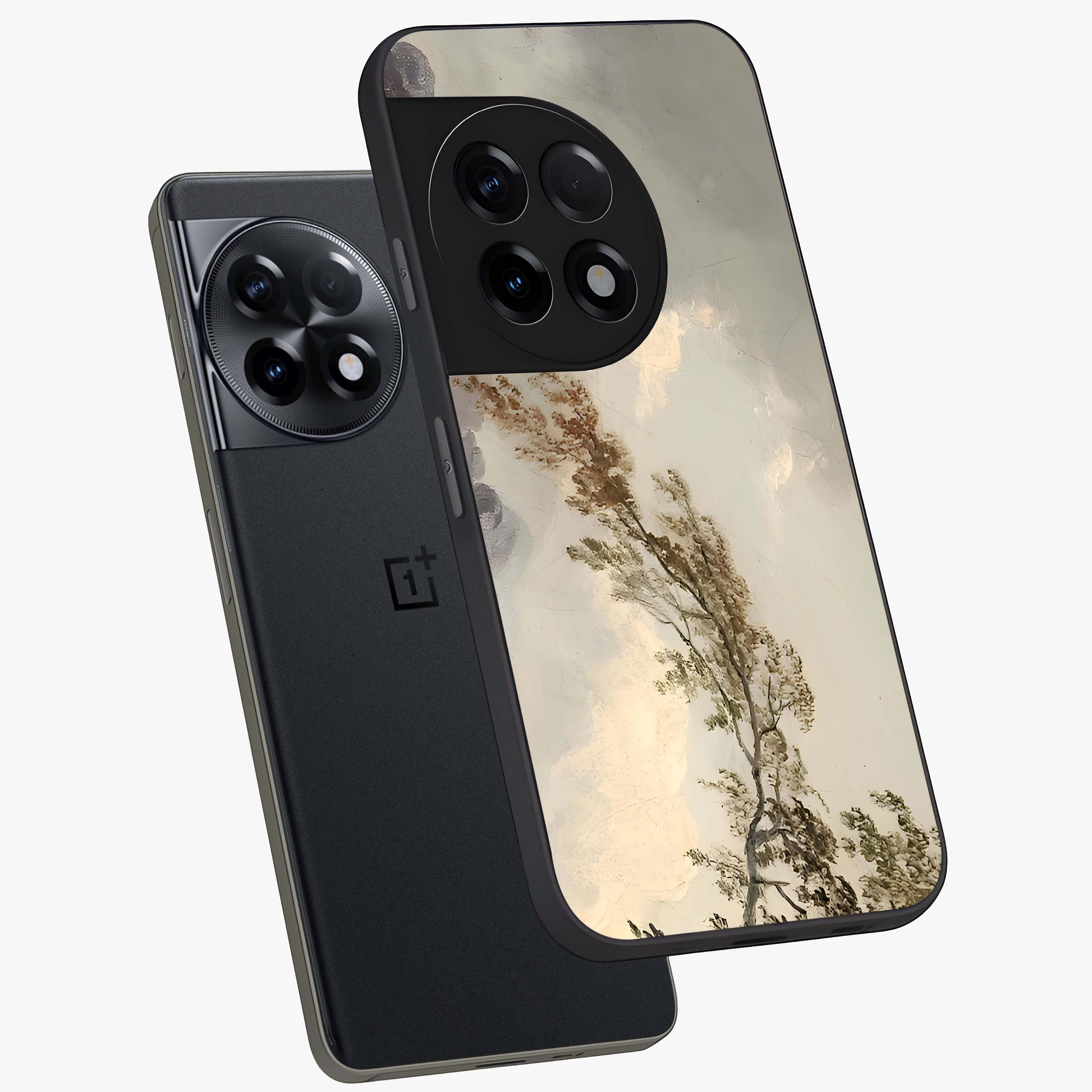 Dreamlike Wind Field Glass Case for 1+11R angled mockup showcasing glossy glass finish and dreamy landscape detailing
