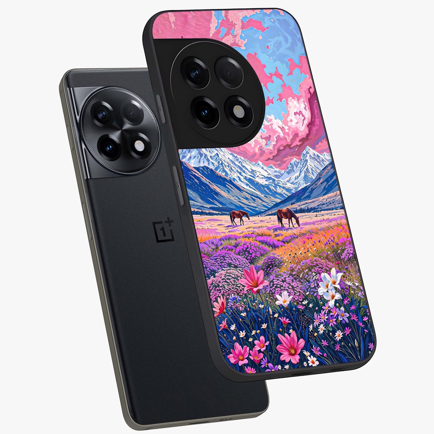 Dreamy Floral Pastures Glass Case for 1+11R angled mockup showcasing glossy finish and gentle bloom textures