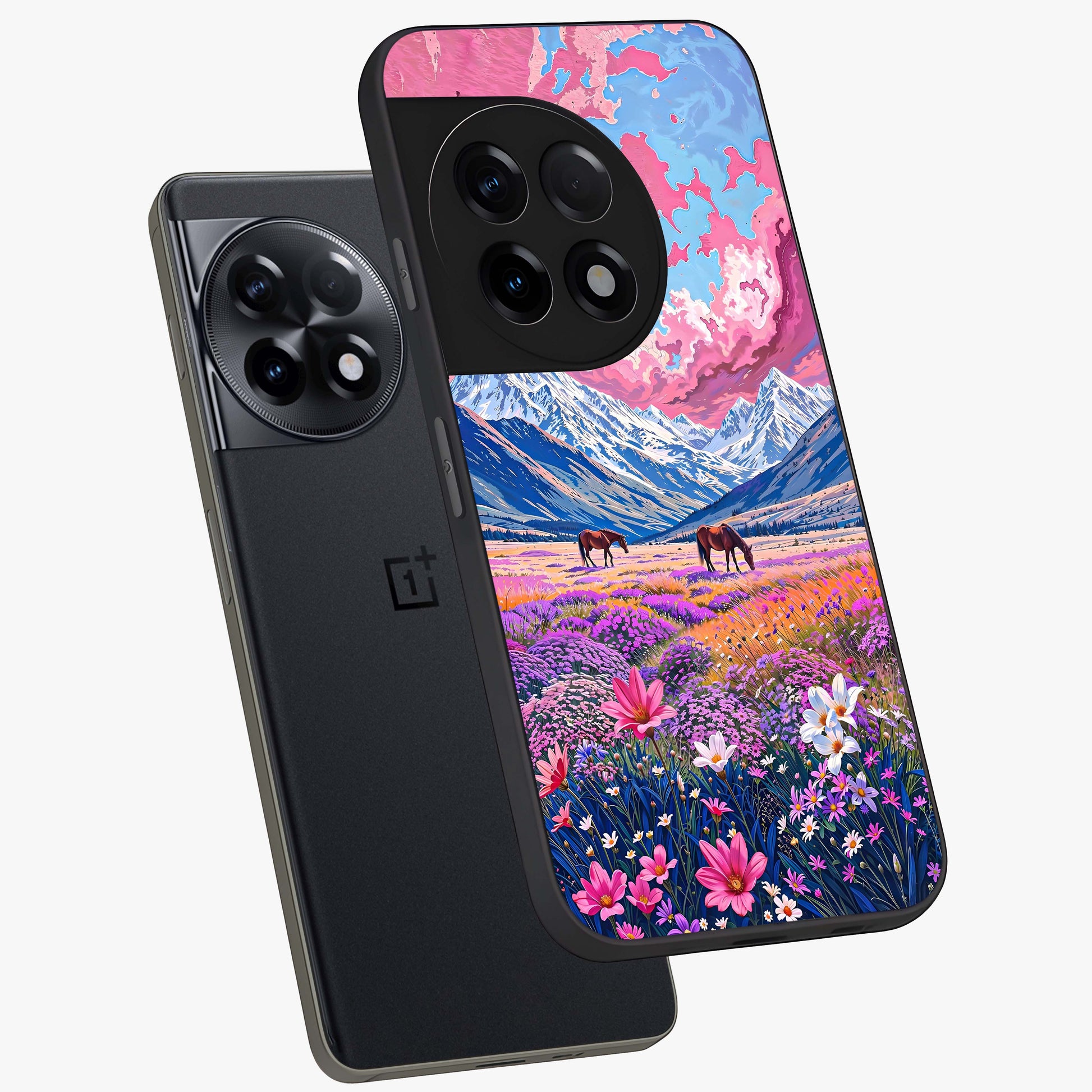 Dreamy Floral Pastures Glass Case for 1+11R angled mockup showcasing glossy finish and gentle bloom textures