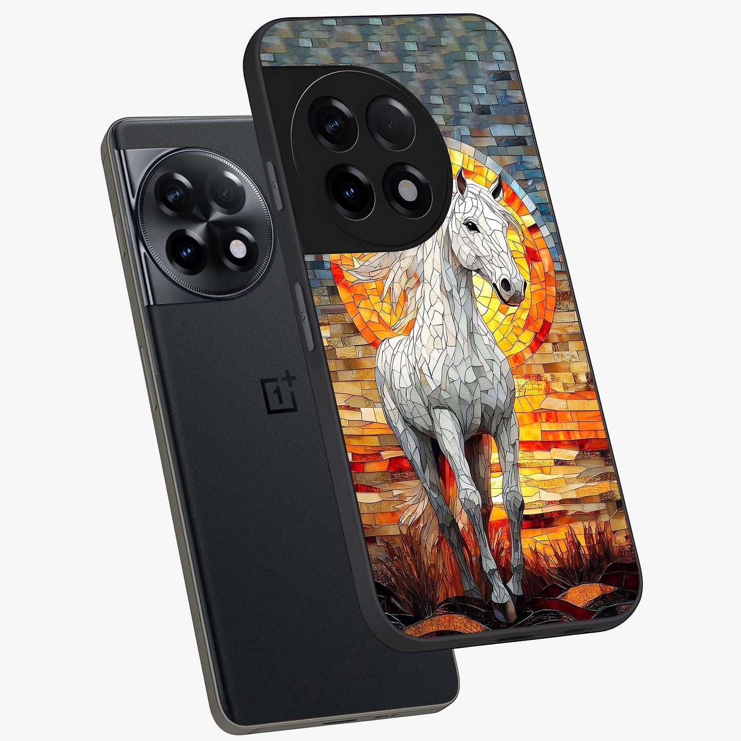 Elected Horse Glass Case for 1+11R angled mockup showcasing glossy finish and dynamic equestrian detailing