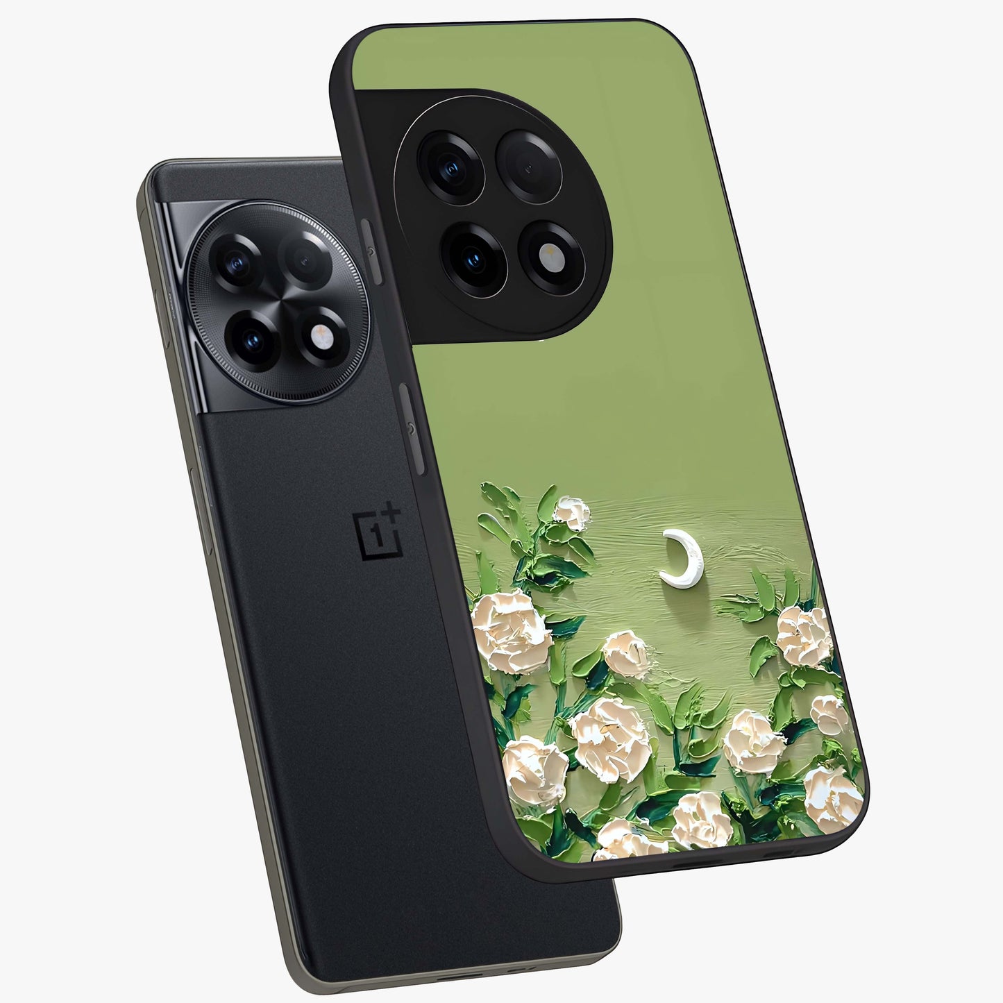 Emerald Bloom Calm Glass Case for 1+11R angled mockup showcasing glossy finish and rich green tones