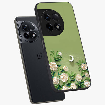Emerald Bloom Calm Glass Case for 1+11R angled mockup showcasing glossy finish and rich green tones