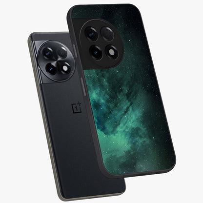 Emerald Green Space Glass Case for 1+11R angled mockup showcasing glossy finish and bold emerald gradients