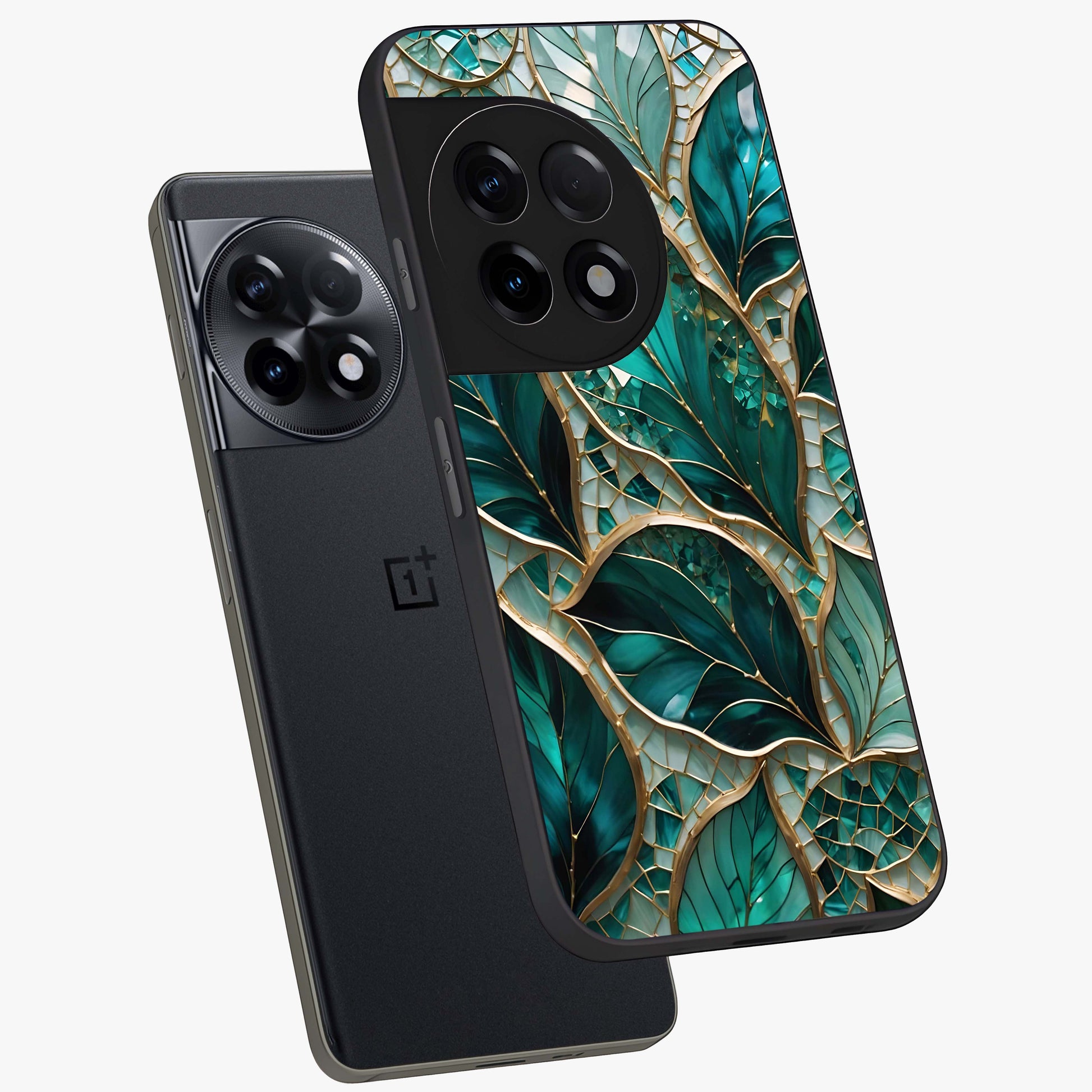 Emerald Leaf Glass Case for 1+11R angled mockup showcasing glossy finish and natural botanical tones