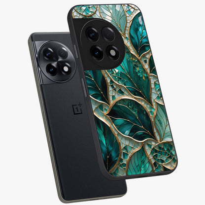 Emerald Leaf Glass Case for 1+11R angled mockup showcasing glossy finish and natural botanical tones