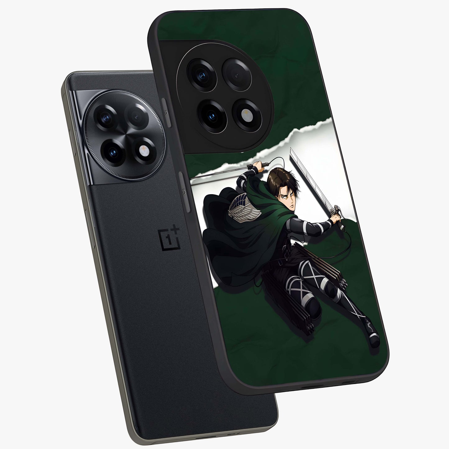 Emerald War Vanguard Glass Case for 1+11R angled mockup showcasing glossy finish and bold fantasy detailing