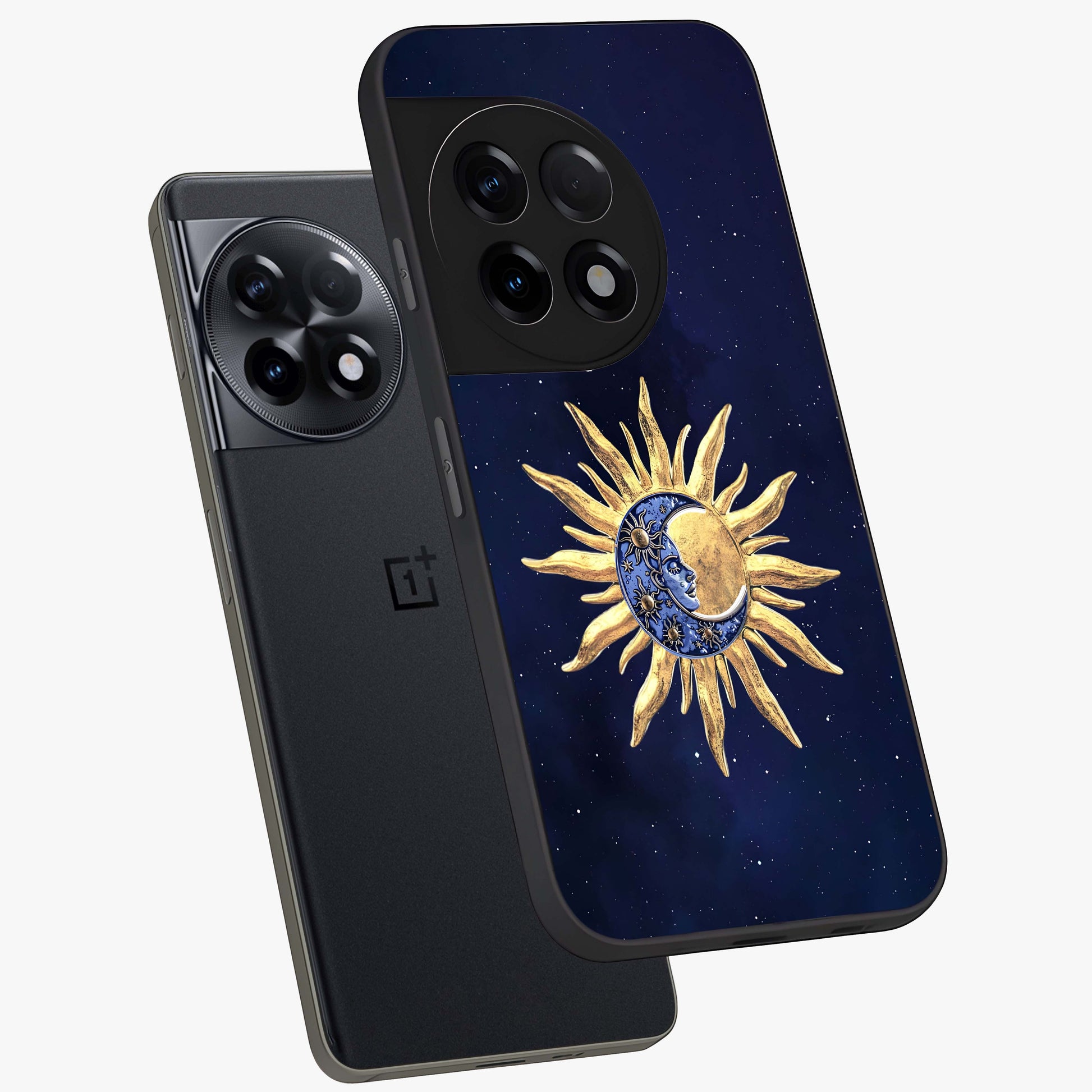 Eternal Cosmic Balance Glass Case for 1+11R angled mockup showcasing glossy finish and celestial gradient tones