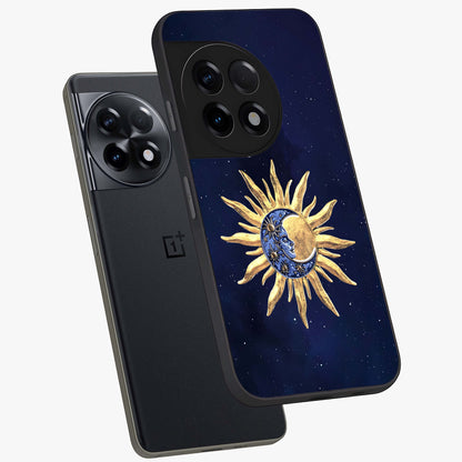 Eternal Cosmic Balance Glass Case for 1+11R angled mockup showcasing glossy finish and celestial gradient tones