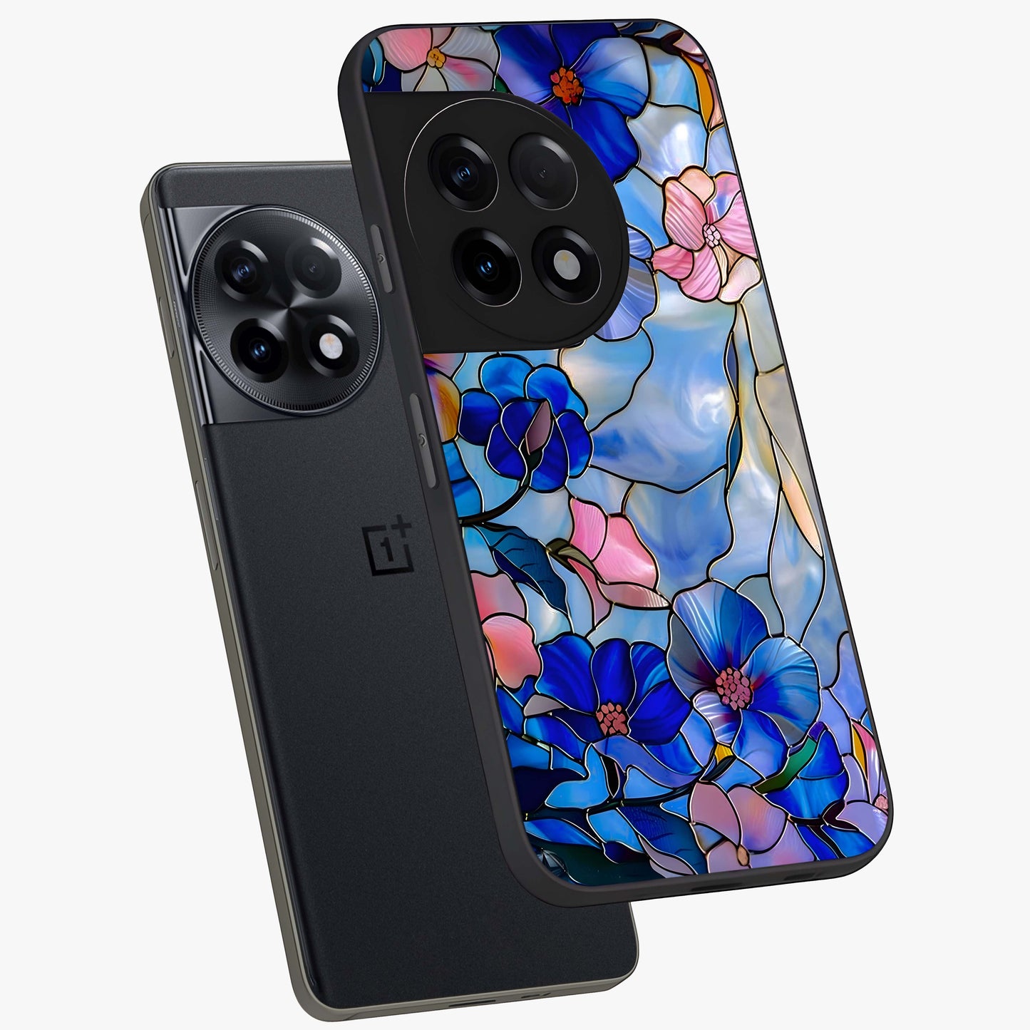 Eternal Floral Stained Glass Case for 1+11R angled mockup showcasing glossy finish and vibrant mosaic textures