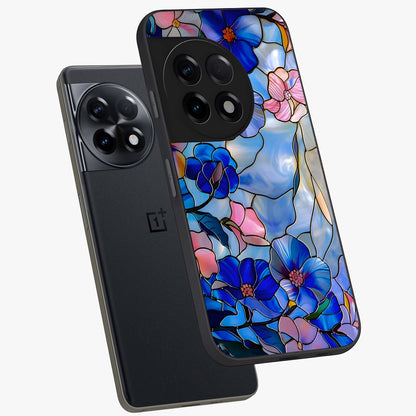 Eternal Floral Stained Glass Case for 1+11R angled mockup showcasing glossy finish and vibrant mosaic textures
