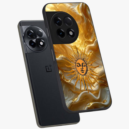 Eternal Golden Glow Glass Case for 1+11R angled mockup showcasing glossy glass finish and luminous gold tones
