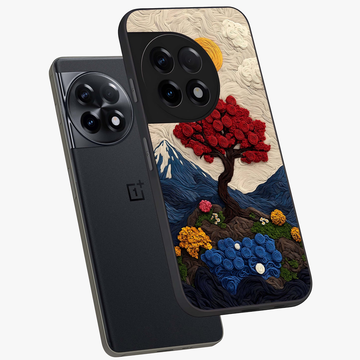 Eternal Nature Tapestry Glass Case for 1+11R angled mockup showcasing glossy finish and detailed botanical patterns