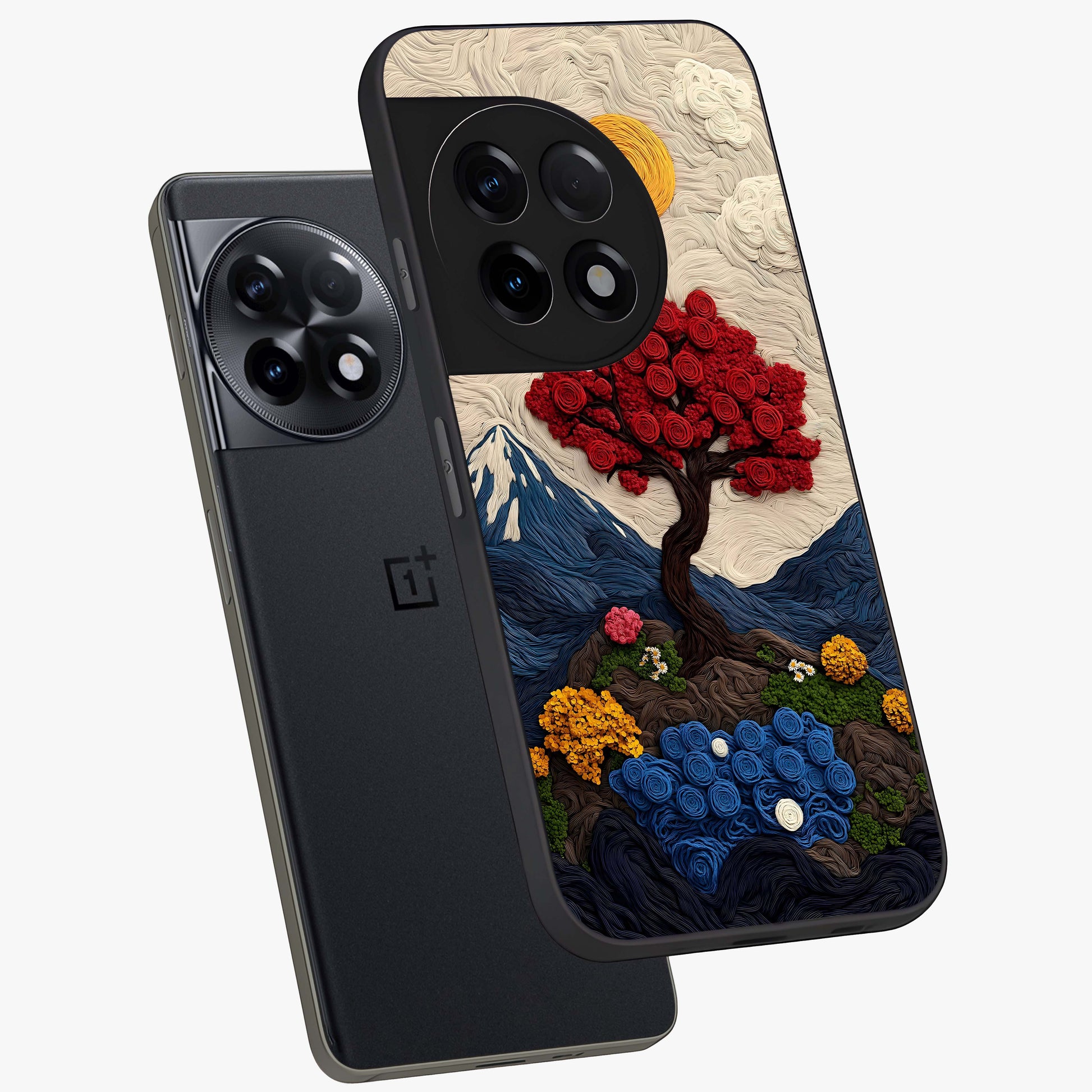 Eternal Nature Tapestry Glass Case for 1+11R angled mockup showcasing glossy finish and detailed botanical patterns