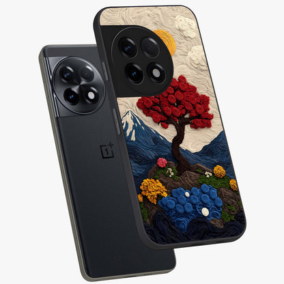 Eternal Nature Tapestry Glass Case for 1+11R angled mockup showcasing glossy finish and detailed botanical patterns