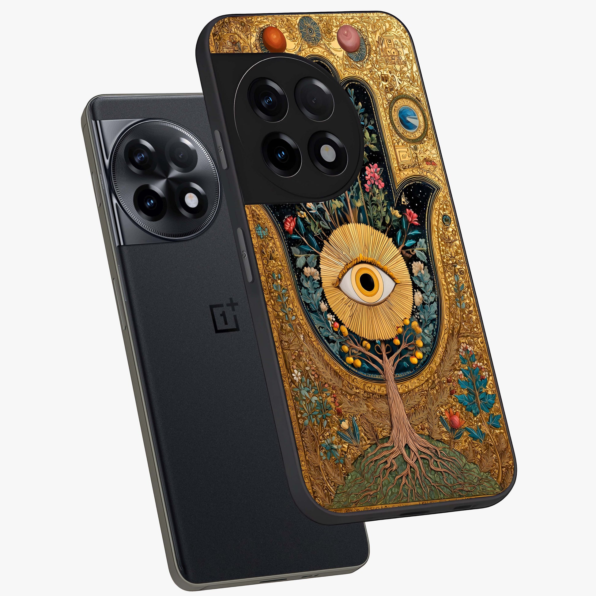 Ethereal Evil Eye Glass Case for 1+11R angled mockup showcasing glossy finish and celestial blue tones