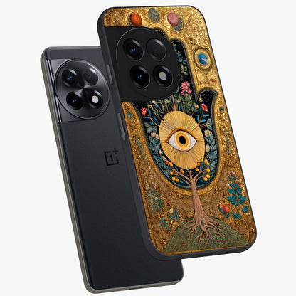 Ethereal Evil Eye Glass Case for 1+11R angled mockup showcasing glossy finish and celestial blue tones