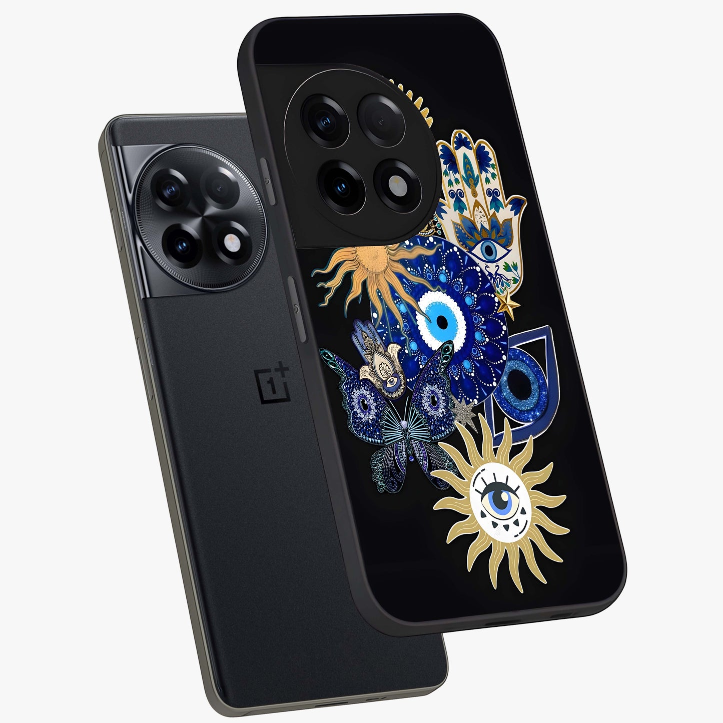 Evil Eye Charm Vibes Glass Case for 1+11R angled mockup showcasing glossy finish and protective symbol detailing