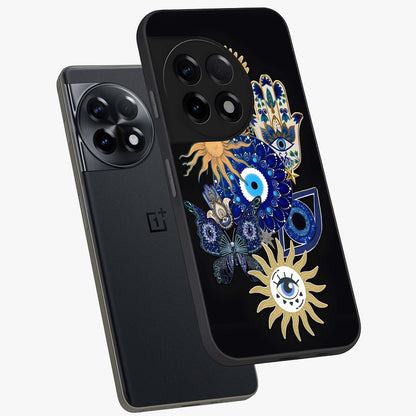 Evil Eye Charm Vibes Glass Case for 1+11R angled mockup showcasing glossy finish and protective symbol detailing