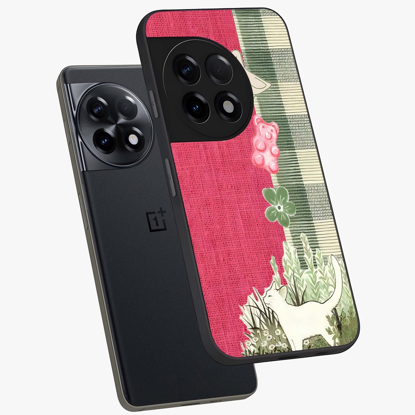 Fabric Patterns Glass Case for 1+11R angled mockup showcasing glossy finish and intricate fabric detailing