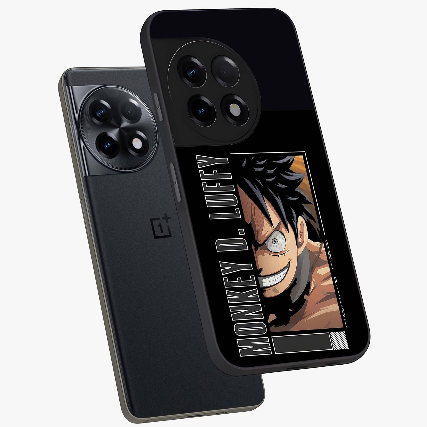 Fearless Pirate Smile Glass Case for 1+11R angled mockup showcasing glossy finish and dark adventurous tones