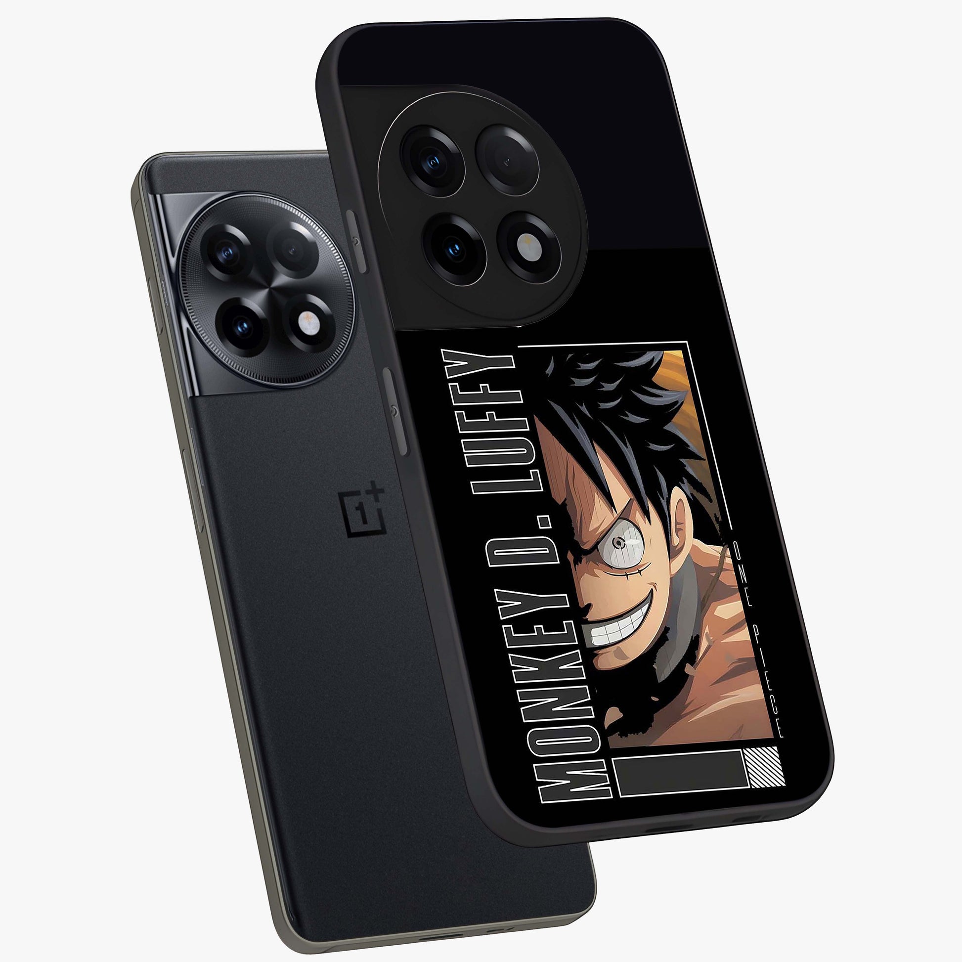 Fearless Pirate Smile Glass Case for 1+11R angled mockup showcasing glossy finish and dark adventurous tones