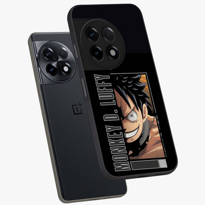 Fearless Pirate Smile Glass Case for 1+11R angled mockup showcasing glossy finish and dark adventurous tones