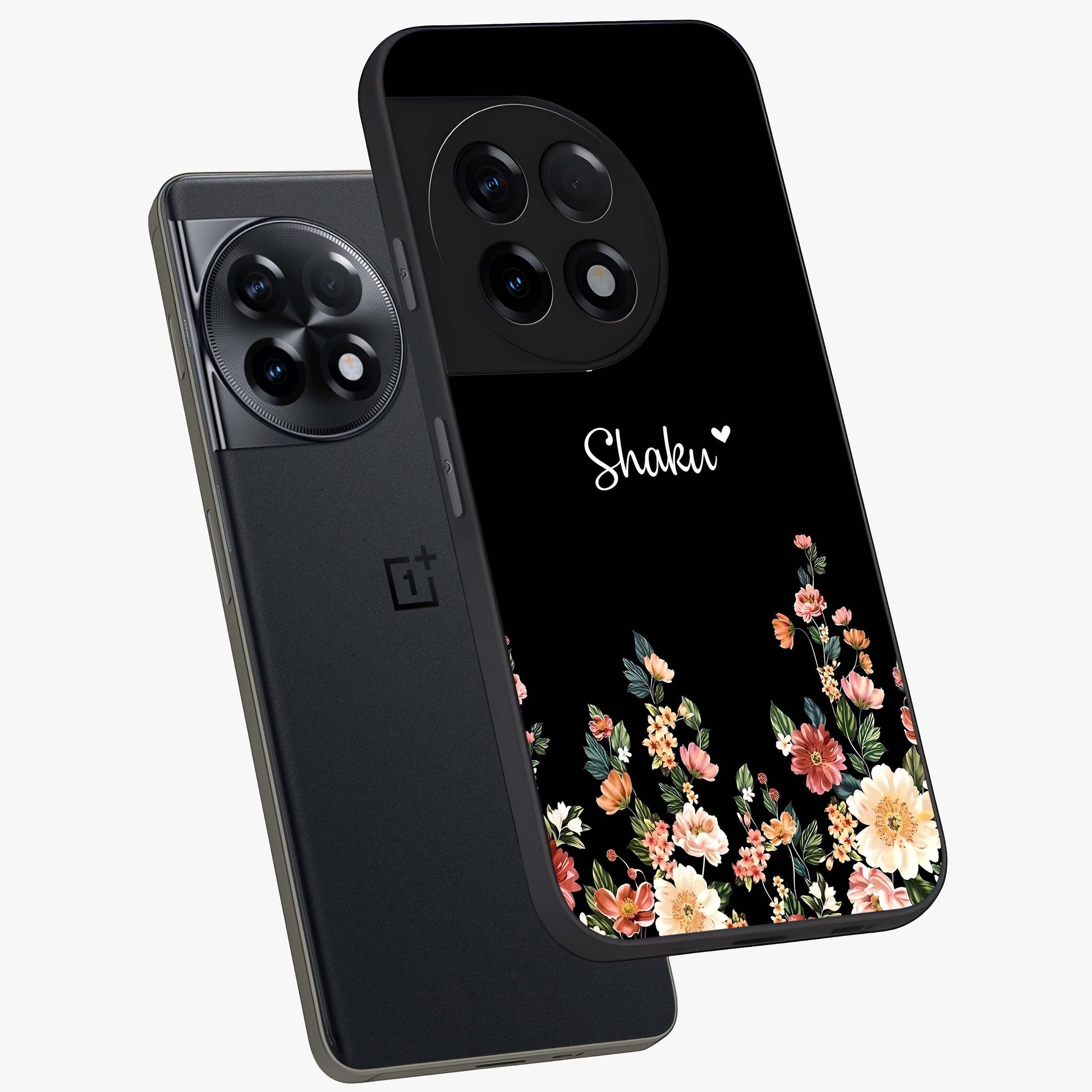 Floral Design With a Custom Personalized Name Glass Case for 1+11R angled mockup showcasing glossy finish and elegant bloom detailing