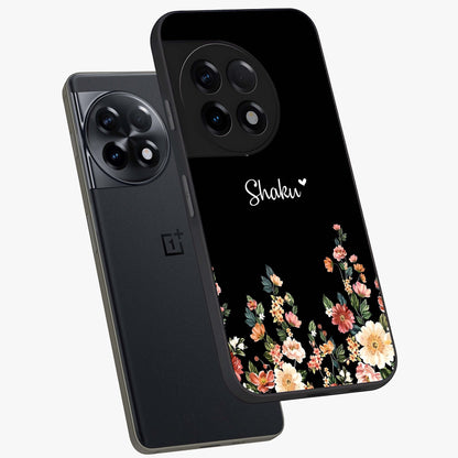 Floral Design With a Custom Personalized Name Glass Case for 1+11R angled mockup showcasing glossy finish and elegant bloom detailing