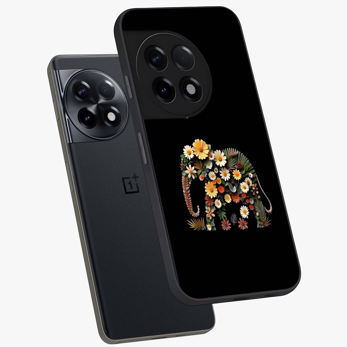 Floral Elephant Glass Case for 1+11R angled mockup showcasing glossy finish and vibrant cultural tones