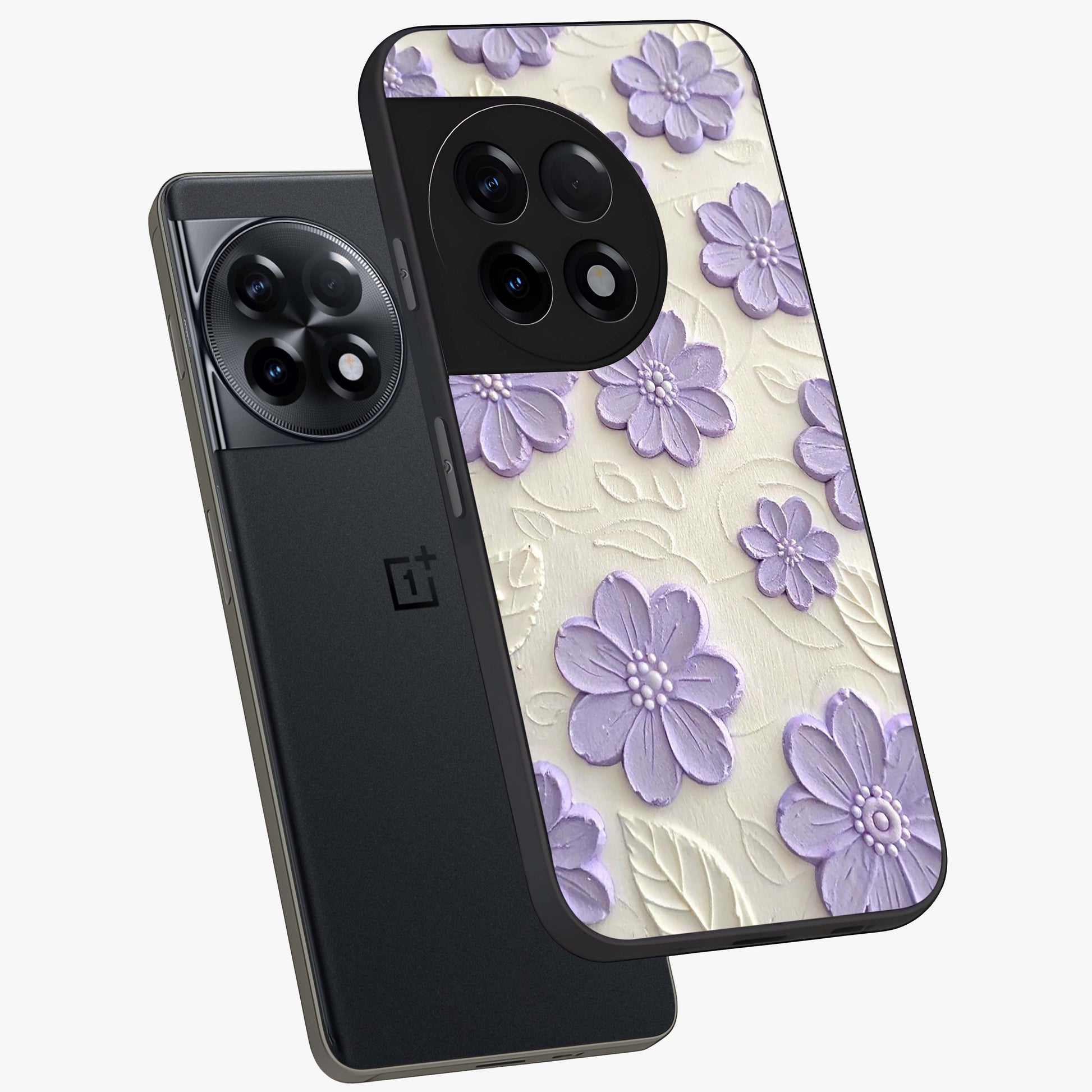 Floral Wall Art With Purple Flowers Glass Case for 1+11R angled mockup showcasing glossy finish and rich violet tones