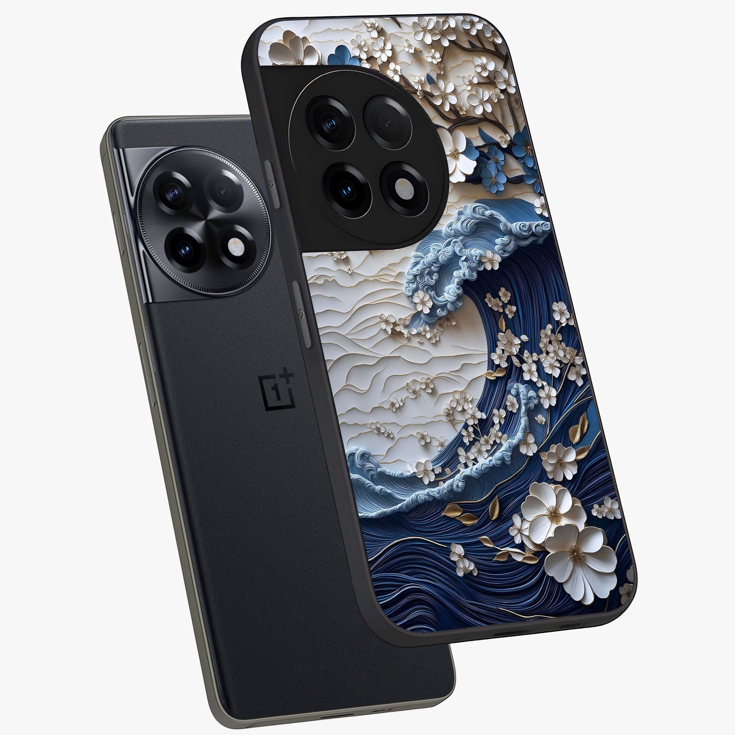 Floral Wave Origami Glass Case for 1+11R angled mockup showcasing glossy glass finish and geometric bloom detailing