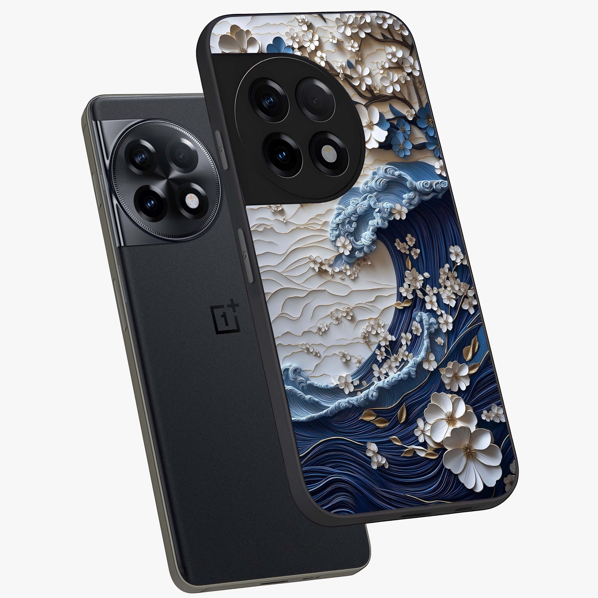 Floral Wave Origami Glass Case for 1+11R angled mockup showcasing glossy glass finish and geometric bloom detailing