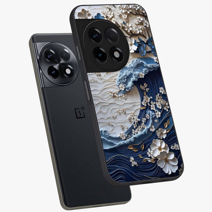 Floral Wave Origami Glass Case for 1+11R angled mockup showcasing glossy glass finish and geometric bloom detailing
